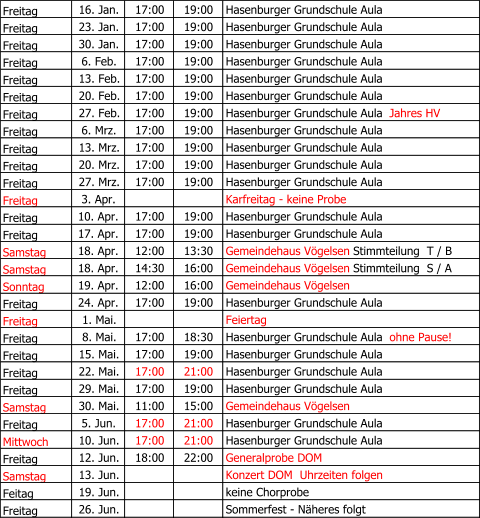 Freitag   16. Jan. 17:00 19:00 Hasenburger Grundschule Aula Freitag 23. Jan. 17:00 19:00 Hasenburger Grundschule Aula Freitag   30. Jan. 17:00 19:00 Hasenburger Grundschule Aula Freitag 6. Feb. 17:00 19:00 Hasenburger Grundschule Aula Freitag 13. Feb. 17:00 19:00 Hasenburger Grundschule Aula Freitag 20. Feb. 17:00 19:00 Hasenburger Grundschule Aula  Freitag 27. Feb. 17:00 19:00 Hasenburger Grundschule Aula    Jahres HV Freitag 6. Mrz. 17:00 19:00 Hasenburger Grundschule Aula Freitag 13. Mrz. 17:00 19:00 Hasenburger Grundschule Aula Freitag 20. Mrz. 17:00 19:00 Hasenburger Grundschule Aula Freitag   27. Mrz. 17:00 19:00 Hasenburger Grundschule Aula Freitag 3. Apr. Karfreitag - keine Probe Freitag 10. Apr. 17:00 19:00 Hasenburger Grundschule Aula Freitag 17. Apr. 17:00 19:00 Hasenburger Grundschule Aula Samstag 18. Apr. 12:00 13:30 Gemeindehaus Vögelsen   Stimmteilung  T / B Samstag 18. Apr. 14:30 16:00 Gemeindehaus Vögelsen   Stimmteilung  S / A Sonntag 19. Apr. 12:00 16:00 Gemeindehaus Vögelsen Freitag 24. Apr. 17:00 19:00 Hasenburger Grundschule Aula Freitag   1. Mai. Feiertag Freitag 8. Mai. 17:00 18:30 Hasenburger Grundschule Aula    ohne Pause! Freitag 15. Mai. 17:00 19:00 Hasenburger Grundschule Aula Freitag 22. Mai. 17:00 21:00 Hasenburger Grundschule Aula Freitag 29. Mai. 17:00 19:00 Hasenburger Grundschule Aula Samstag 30. Mai. 11:00 15:00 Gemeindehaus Vögelsen Freitag 5. Jun. 17:00 21:00 Hasenburger Grundschule Aula Mittwoch 10. Jun. 17:00 21:00 Hasenburger Grundschule Aula Freitag 12. Jun. 18:00 22:00 Generalprobe DOM Samstag 13. Jun. Konzert DOM  Uhrzeiten folgen Feitag 19. Jun. keine Chorprobe Freitag 26. Jun. Sommerfest - Näheres folgt